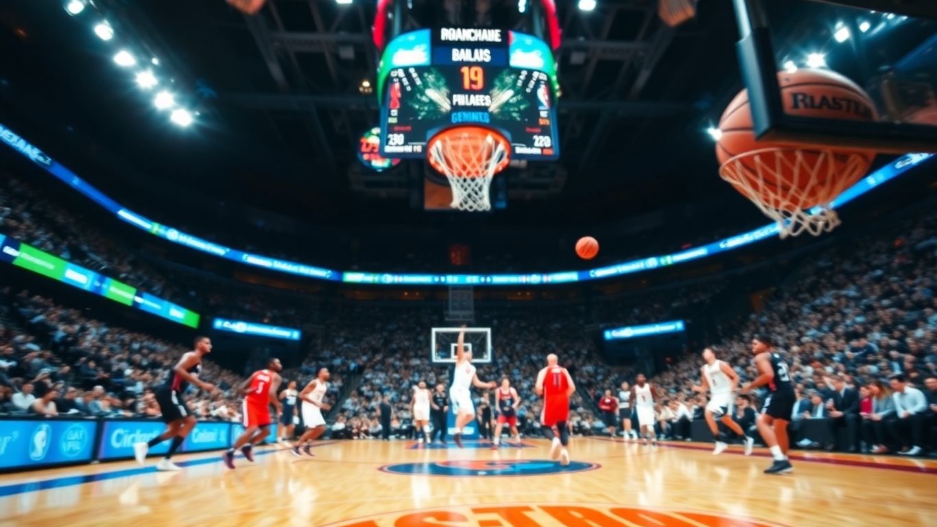 NBA players in action on a brightly lit court.
