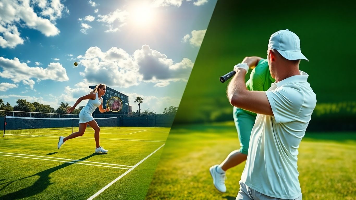 Tennis player and golfer in action on courts and fairways.