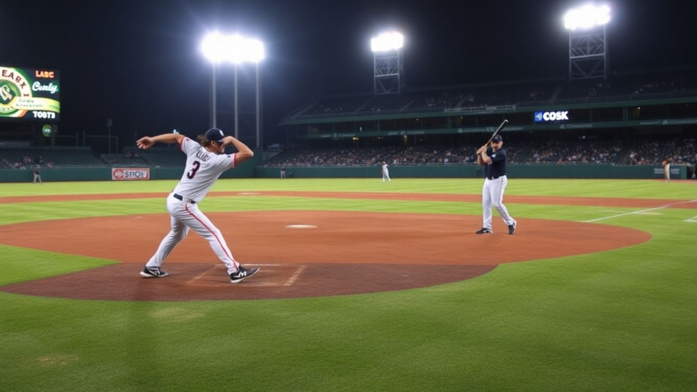 Baseball game action with pitcher and batter