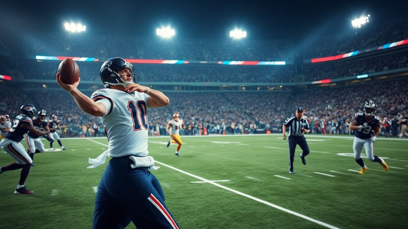 NFL players in intense action on a brightly lit football field.